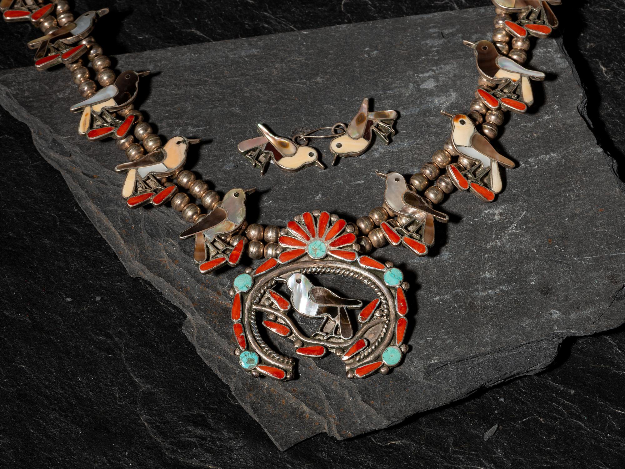 Zuni Avian Squash Blossom Necklace and Earrings