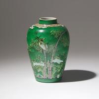 A Chinese Green Ground 'Birds and Bamboo' Porcelain Jar, Kangxi Period — 清康熙 綠彩繪花鳥竹石罐