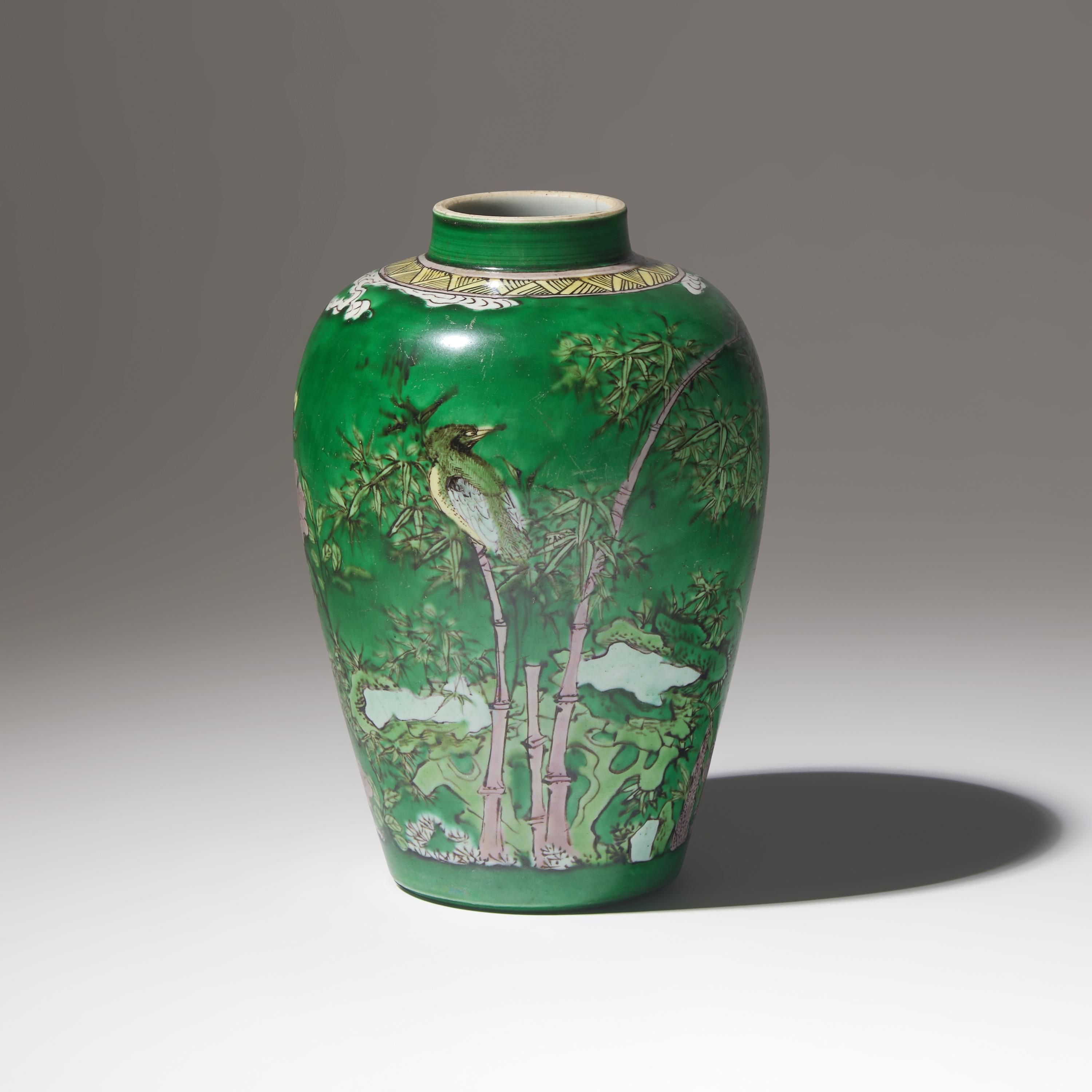 A Chinese Green Ground 'Birds and Bamboo' Porcelain Jar, Kangxi Period — 清康熙 綠彩繪花鳥竹石罐