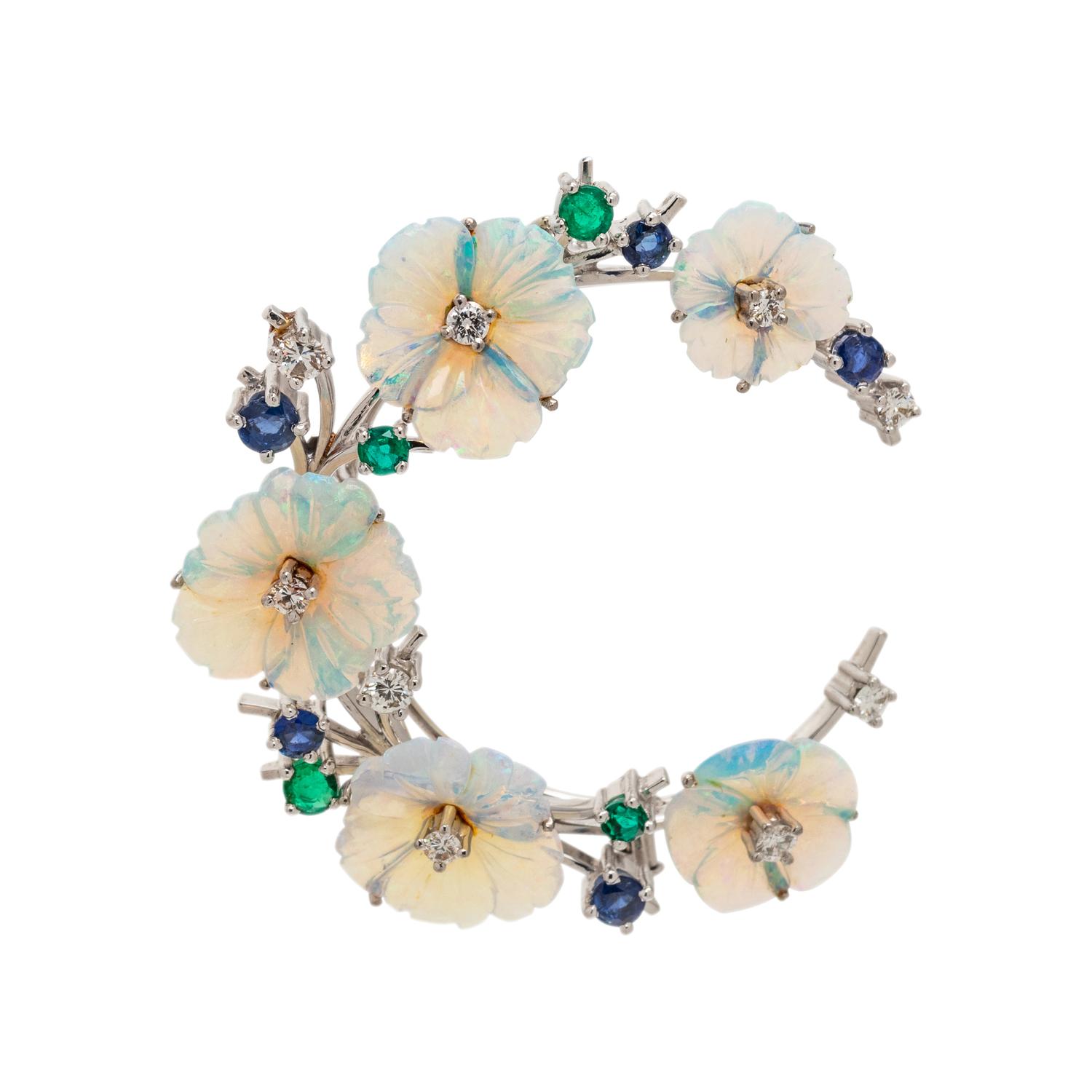 CARVED OPAL, SAPPHIRE, EMERALD AND DIAMOND CRESCENT BROOCH