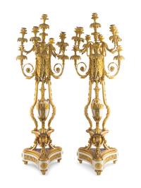 A Pair of Louis XVI Style Gilt Bronze and White Marble Ten-Light Candelabra