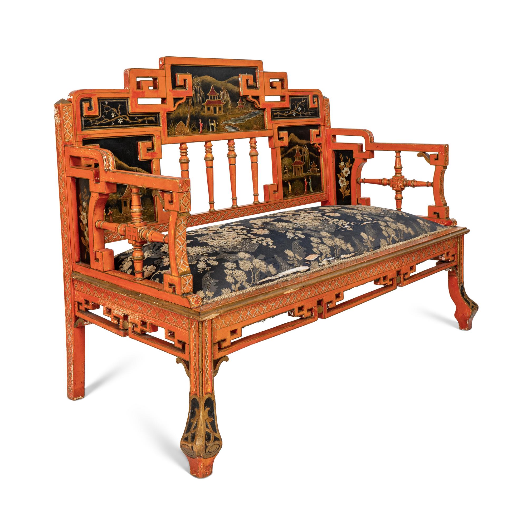 A Seven-Piece Red Painted Chinoiserie Decorated Salon Suite