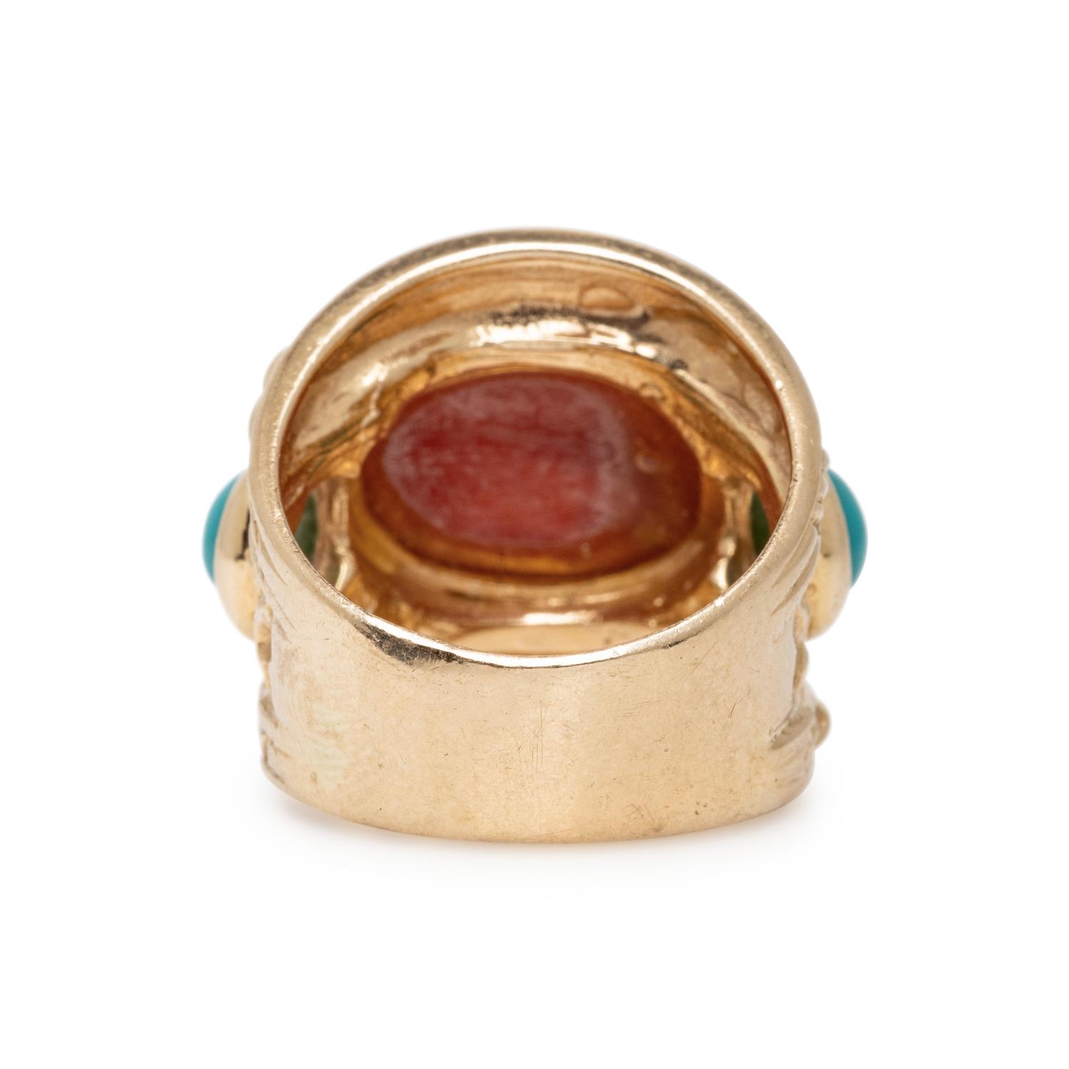 CORAL, TURQUOISE, AND YELLOW GOLD RING