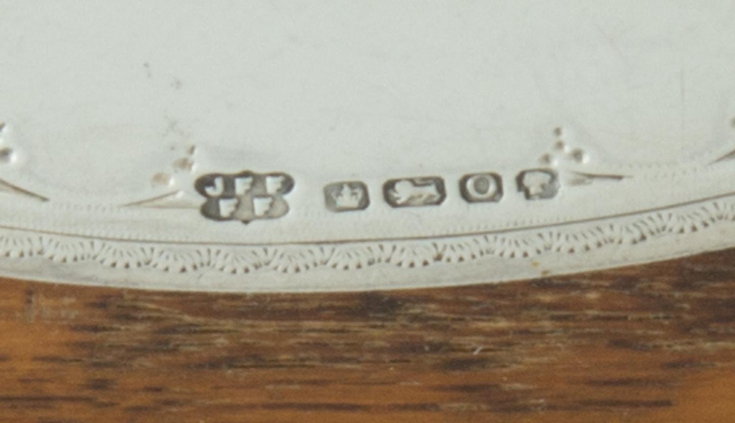 A Victorian Oak, Silver-Plate and Silver Serving Tray, Fenton Brothers, Sheffield, 1883, of handled oval form, together with four glass