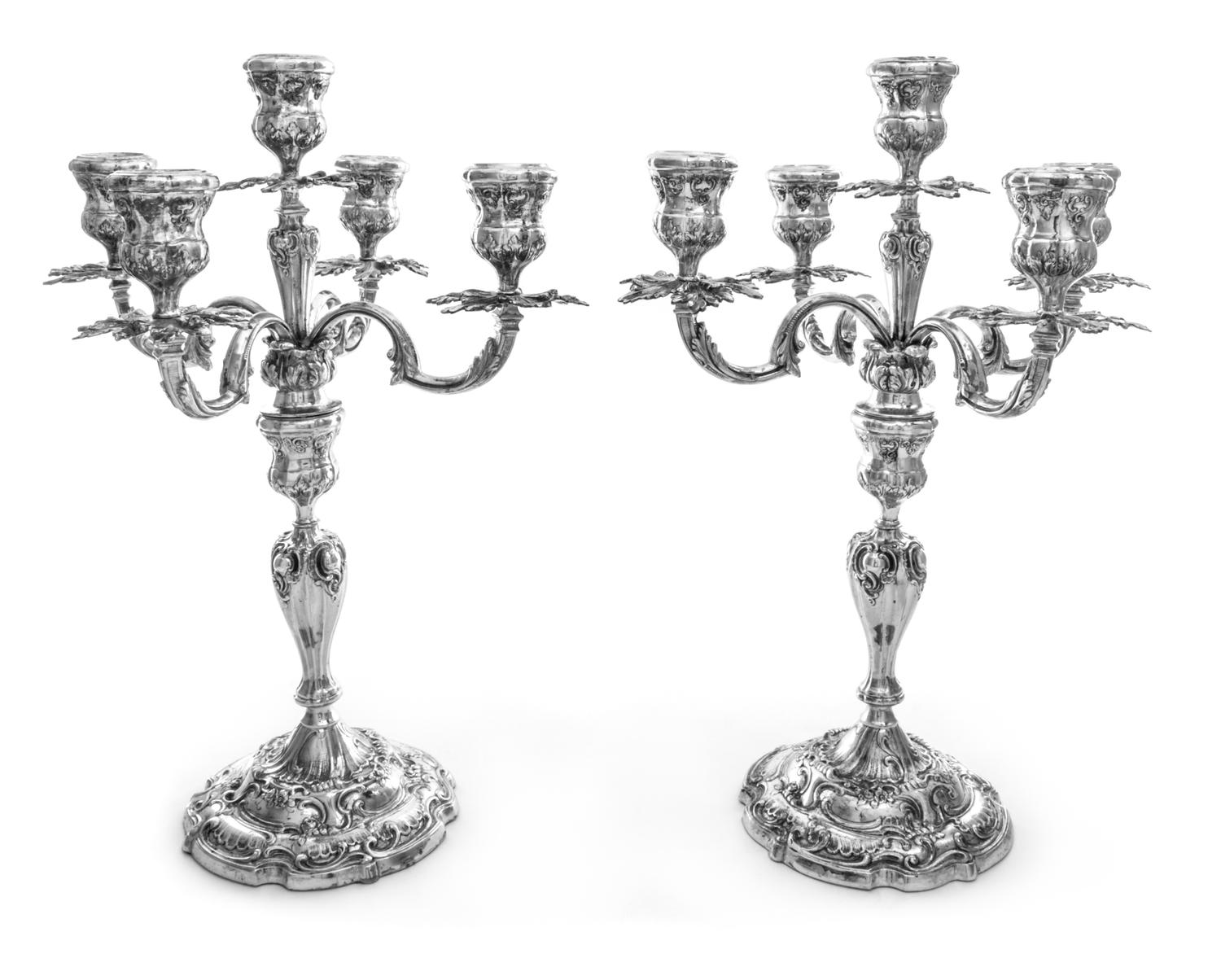 A Pair of German Silver Five-Light Candelabra, J.D. Schleissner Sohne, Hanau, 19th Century, having four branches surrounding a central