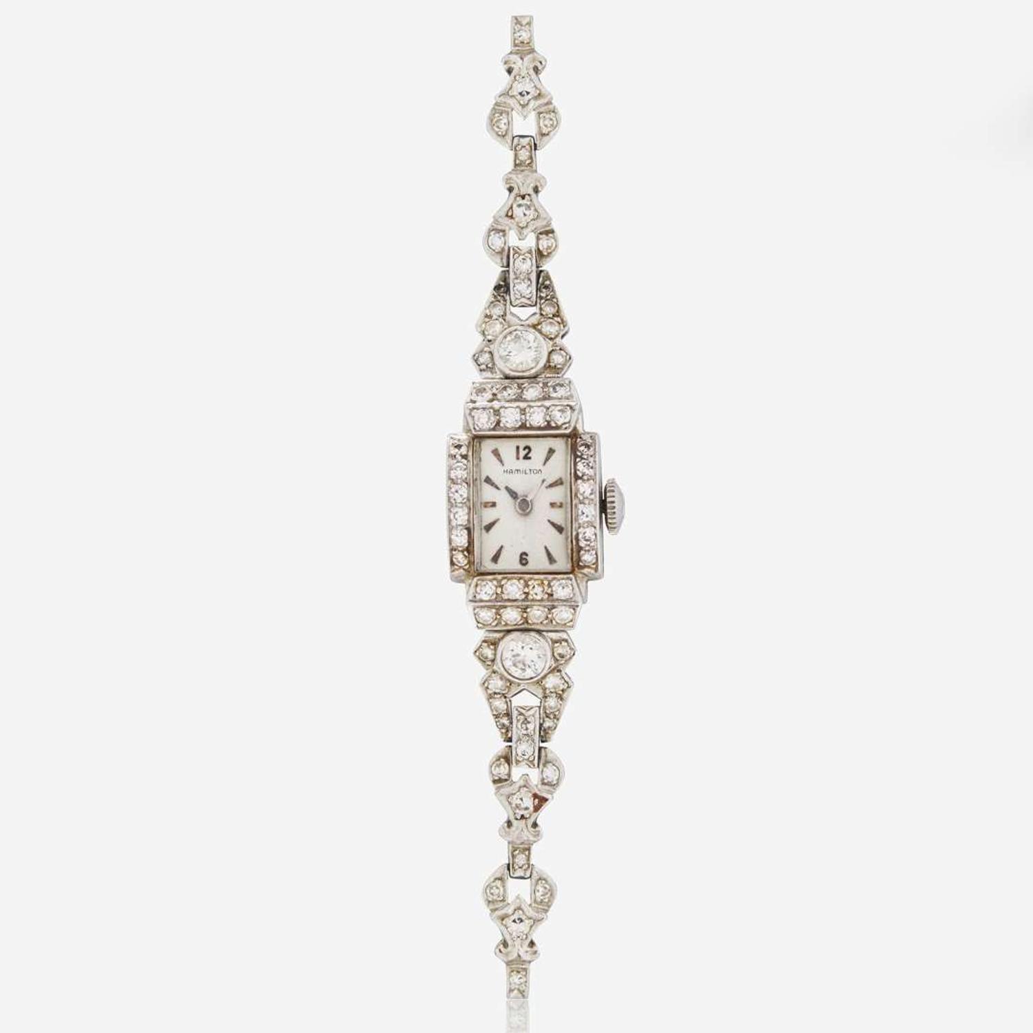 A Ladies Platinum and Diamond Art Deco Hamilton Bracelet Watch