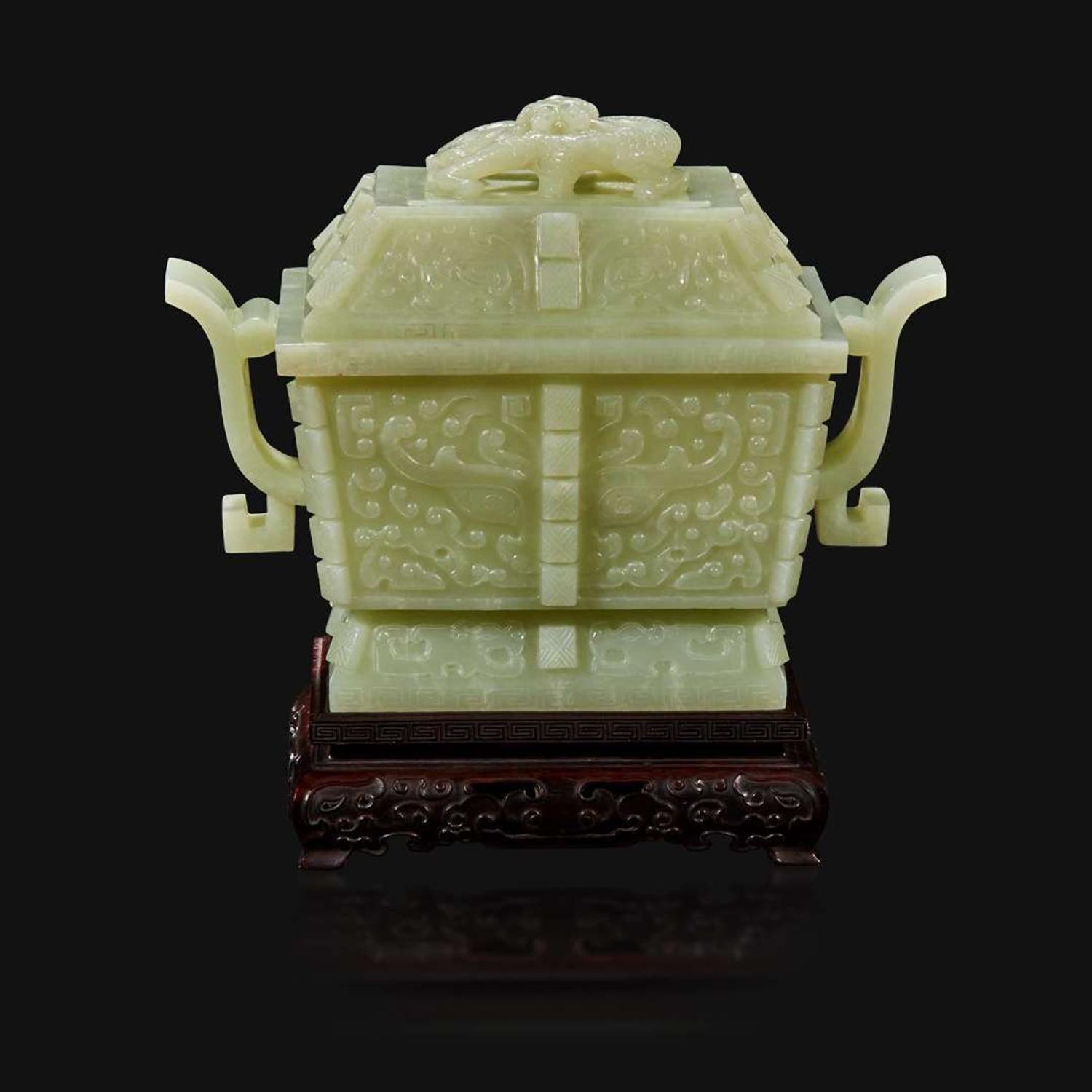 A Chinese carved pale celadon jade censer and cover, Fang Ding