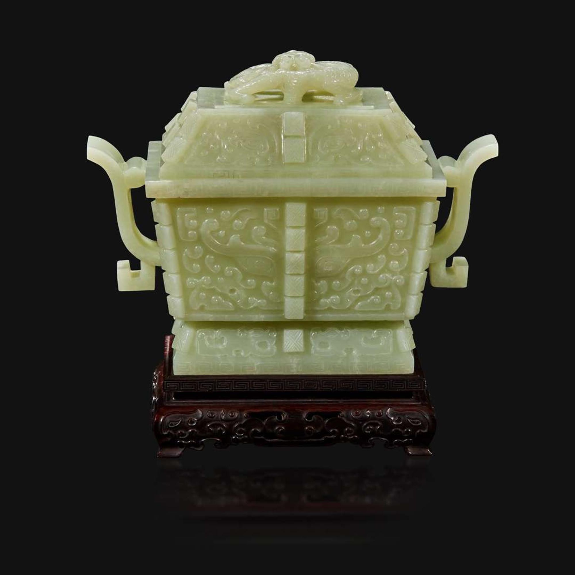 A Chinese carved pale celadon jade censer and cover, Fang Ding