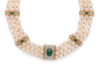 CULTURED PEARL, EMERALD AND DIAMOND NECKLACE