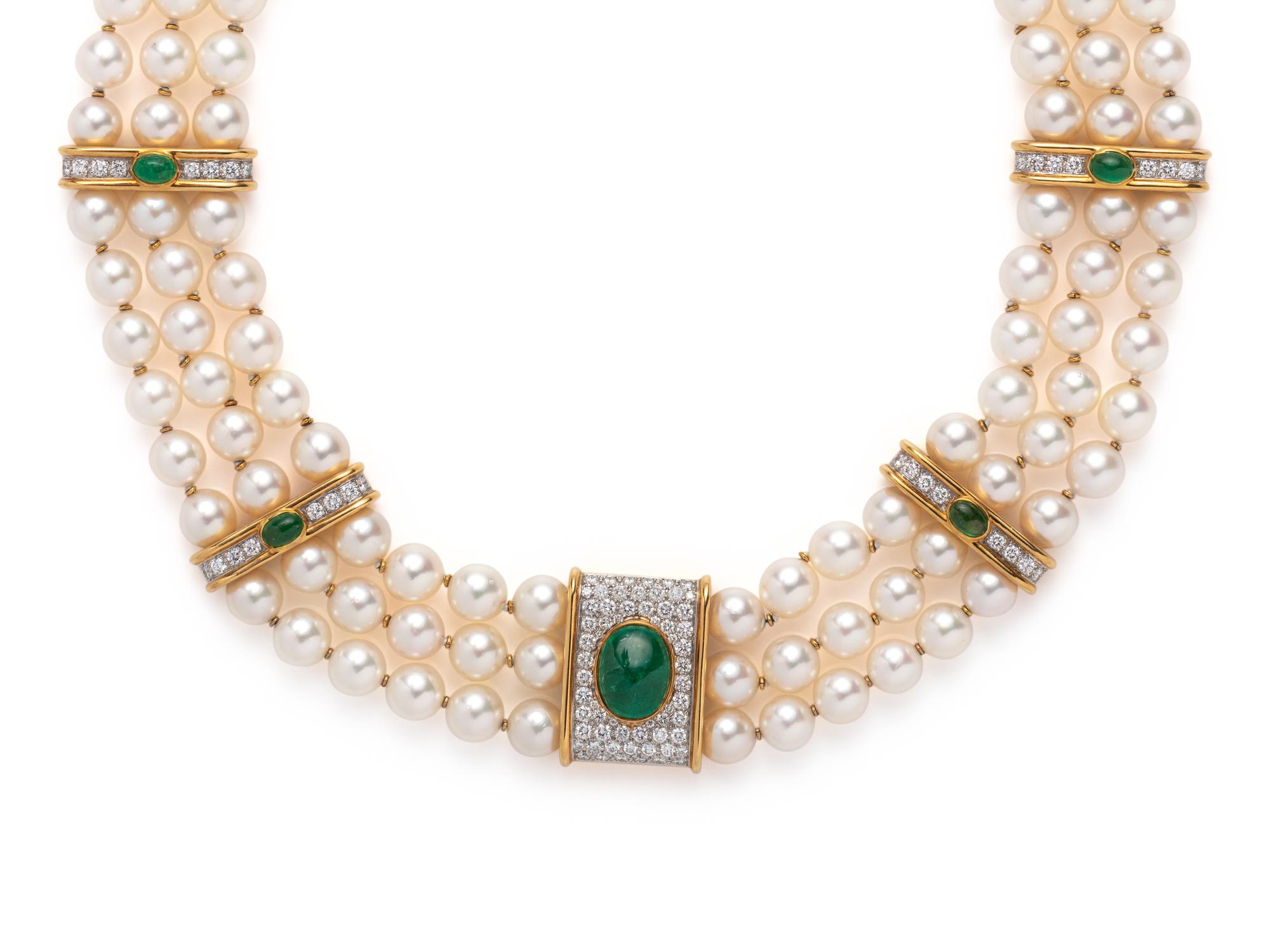 CULTURED PEARL, EMERALD AND DIAMOND NECKLACE