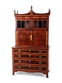 A Federal Mahogany and Satinwood-Inlaid Marquetry Fall Front Secretary Desk