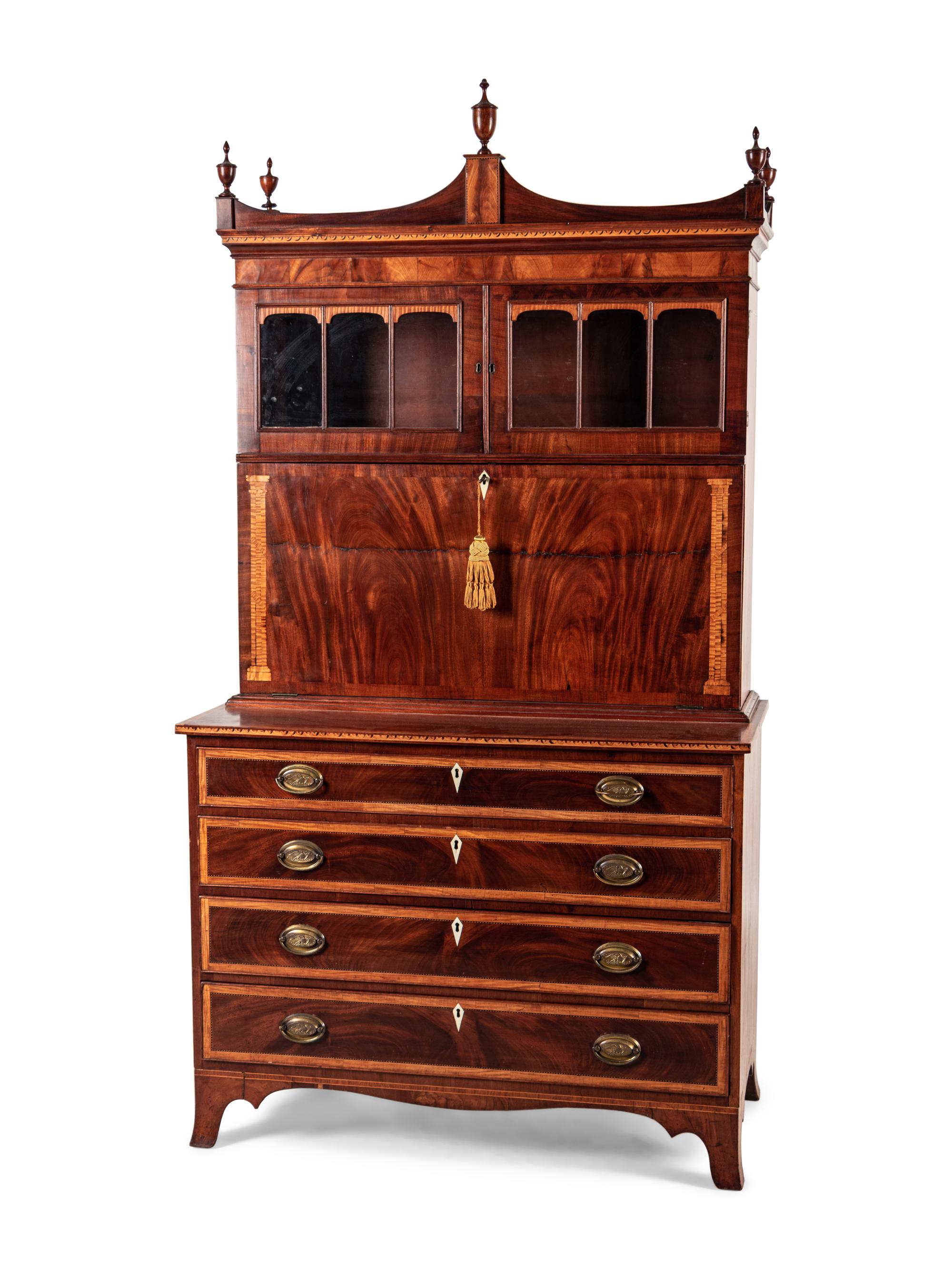 A Federal Mahogany and Satinwood-Inlaid Marquetry Fall Front Secretary Desk