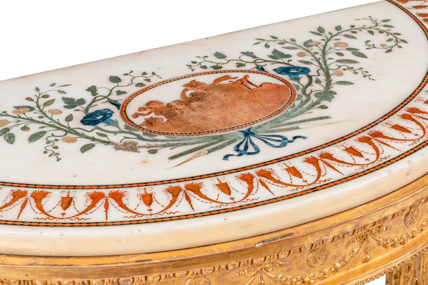 A Pair of George III Giltwood and Polychrome Inlaid Marble-Top Pier Tables