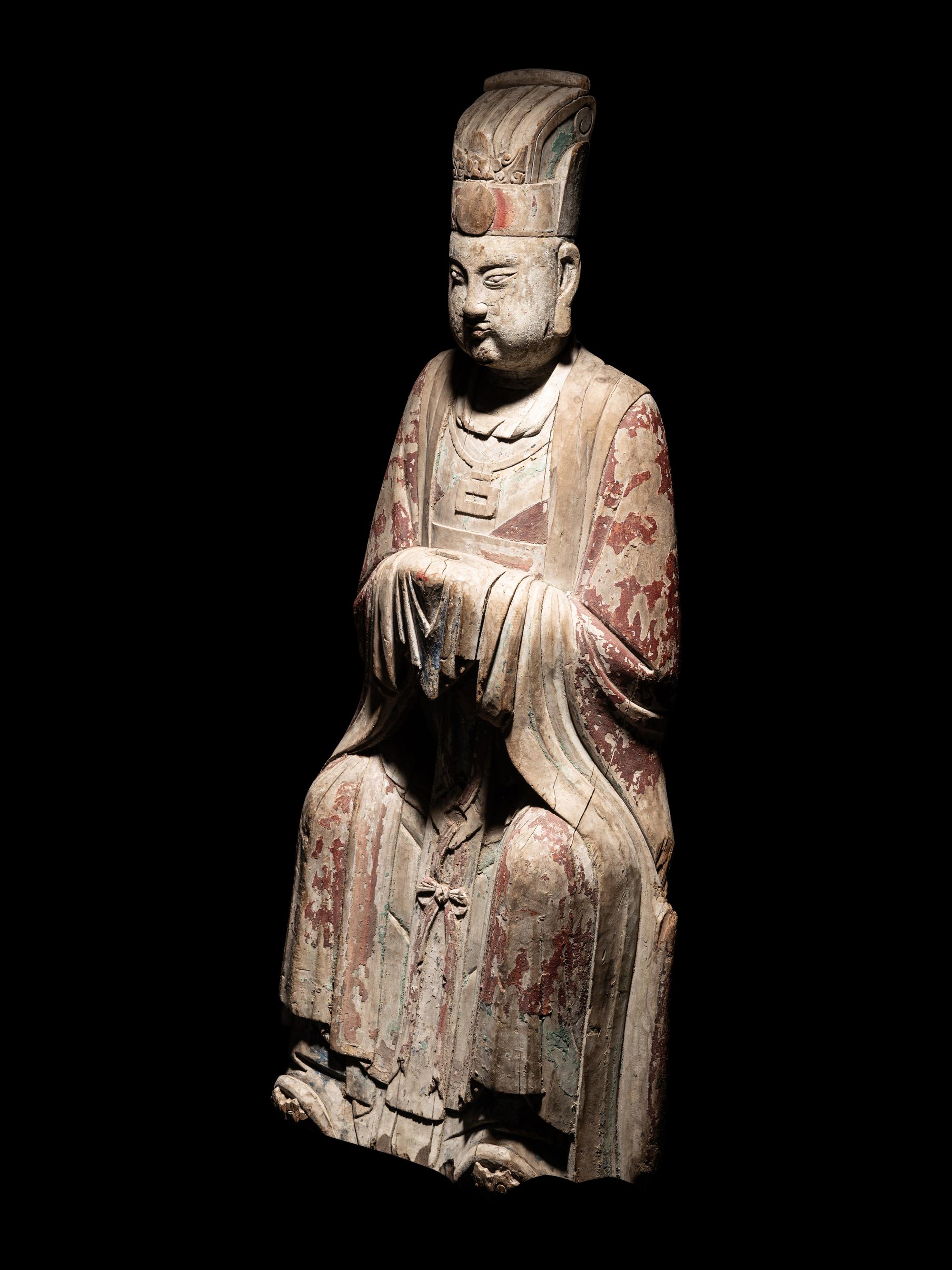 Two Large Carved Wood Figures of Seated Daoist Immortals