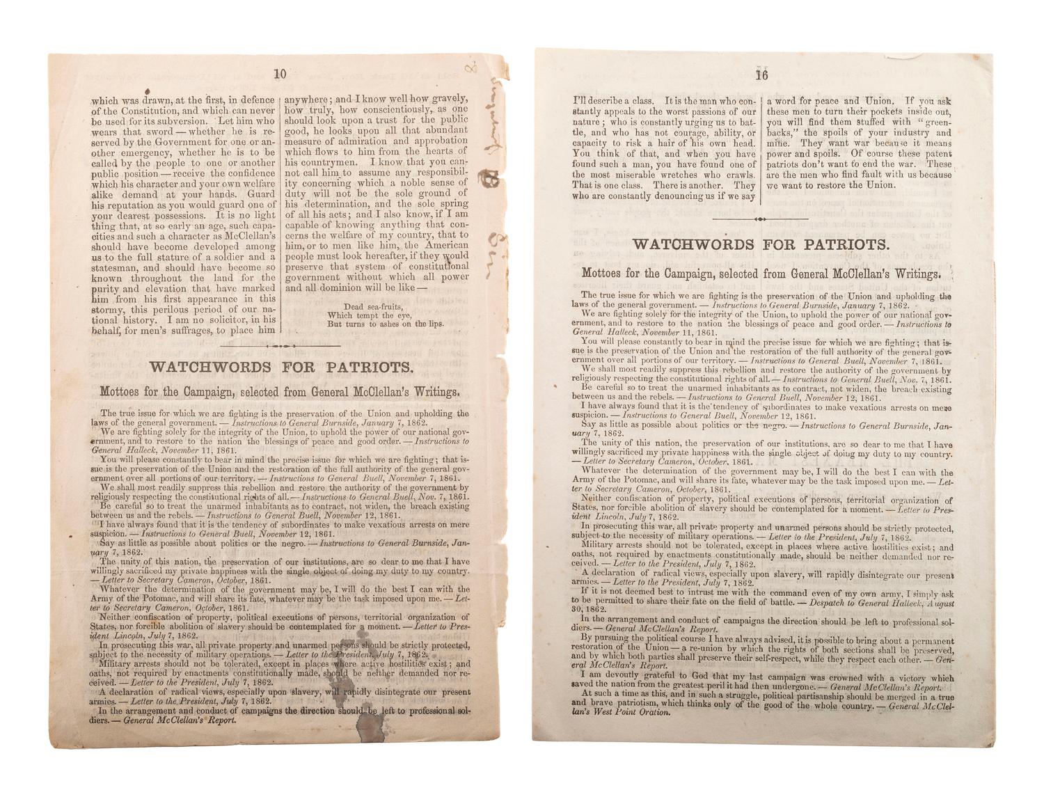 [McCLELLAN, George B. (1826-1885)]. A group of covers, pamphlets, a ballot, and broadsheet related to General McClellan's 1864 presidential campaign.