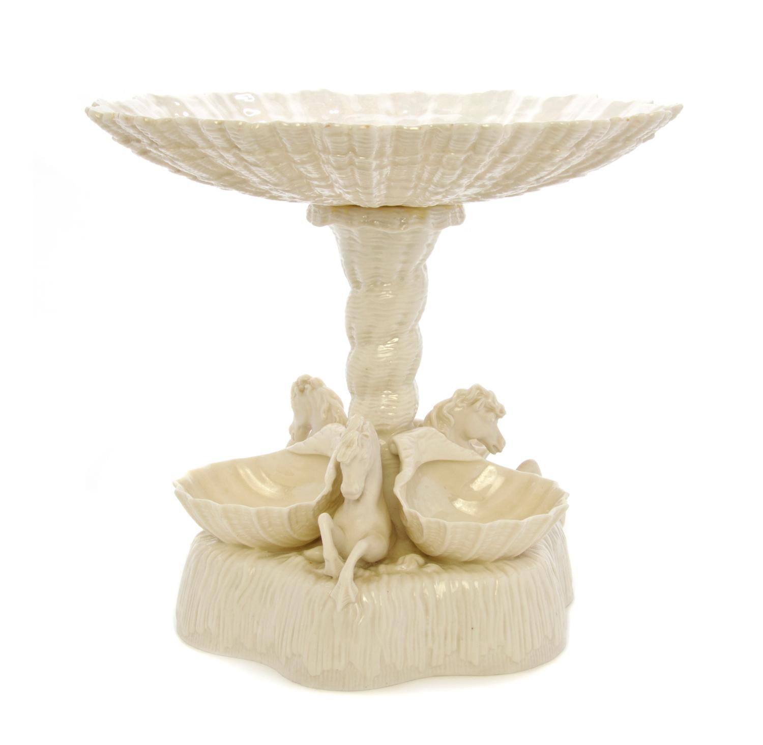 A Belleek Tri-Horse Compote, Height 9 1/4 inches.