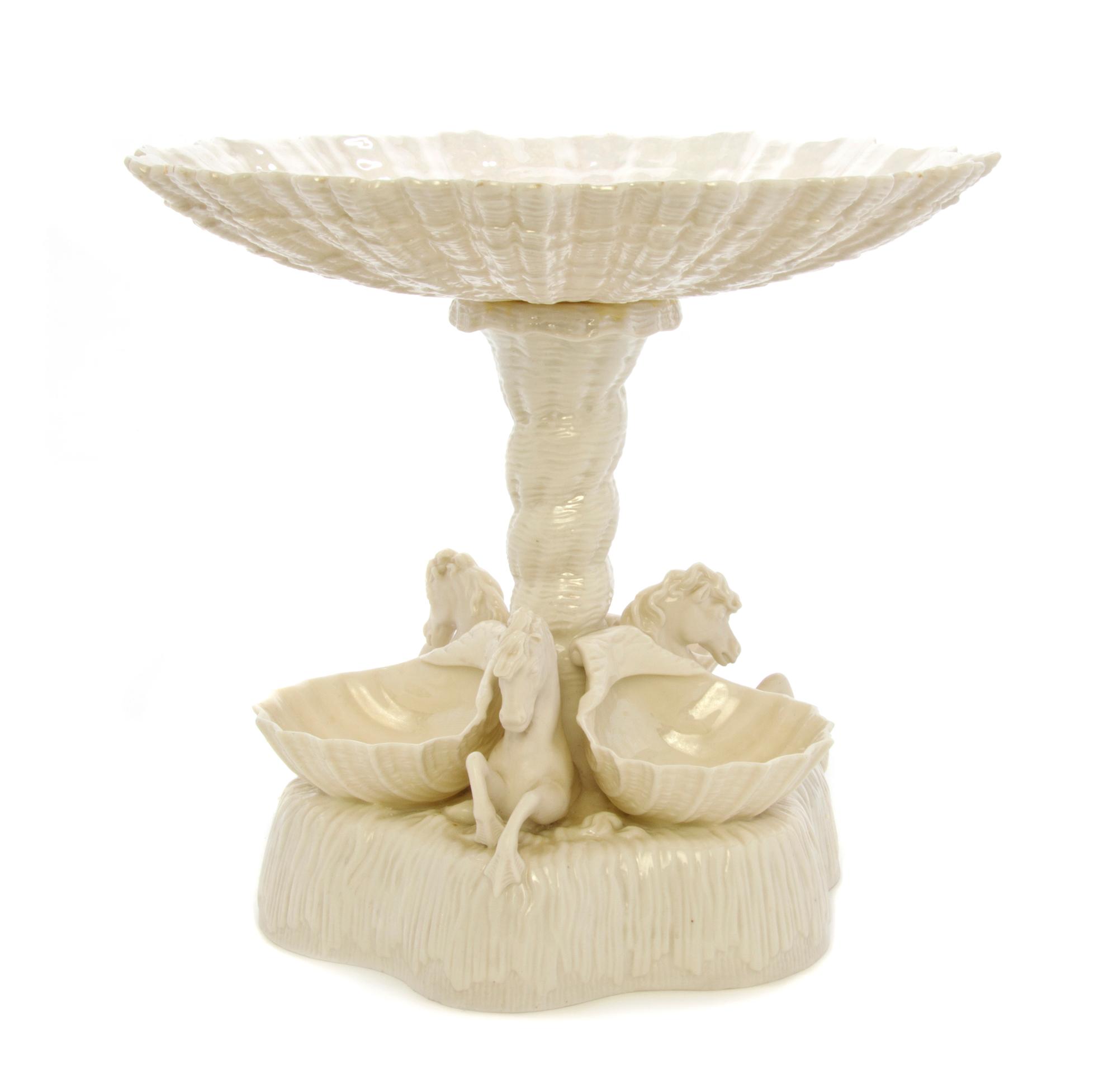 A Belleek Tri-Horse Compote, Height 9 1/4 inches.