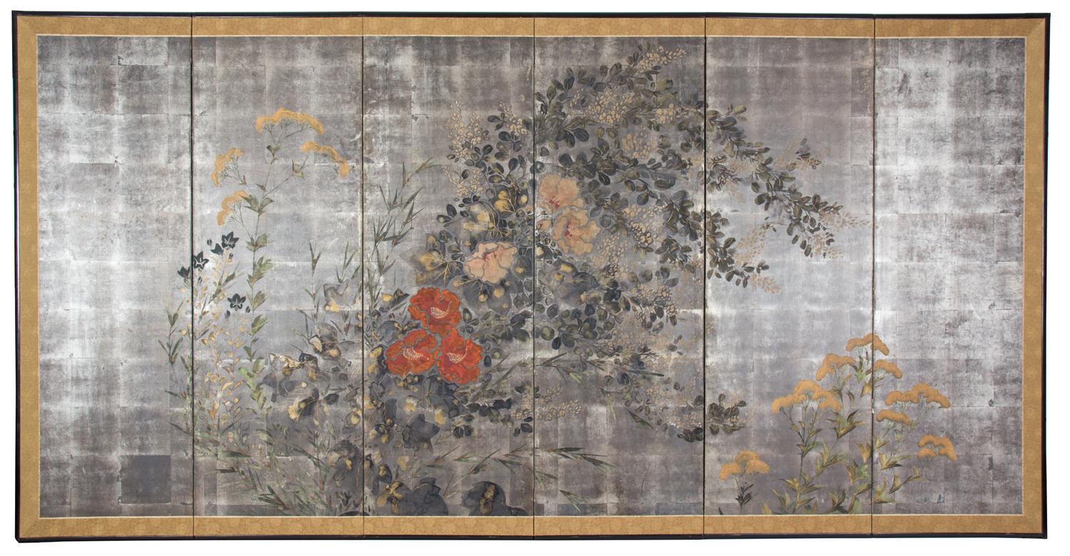A Pair of Japanese Hand Painted Six-Panel Screens Height of each panel 53 1/2 x width 17 3/4 inches. — MEIJI PERIOD