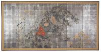 A Pair of Japanese Hand Painted Six-Panel Screens Height of each panel 53 1/2 x width 17 3/4 inches. — MEIJI PERIOD