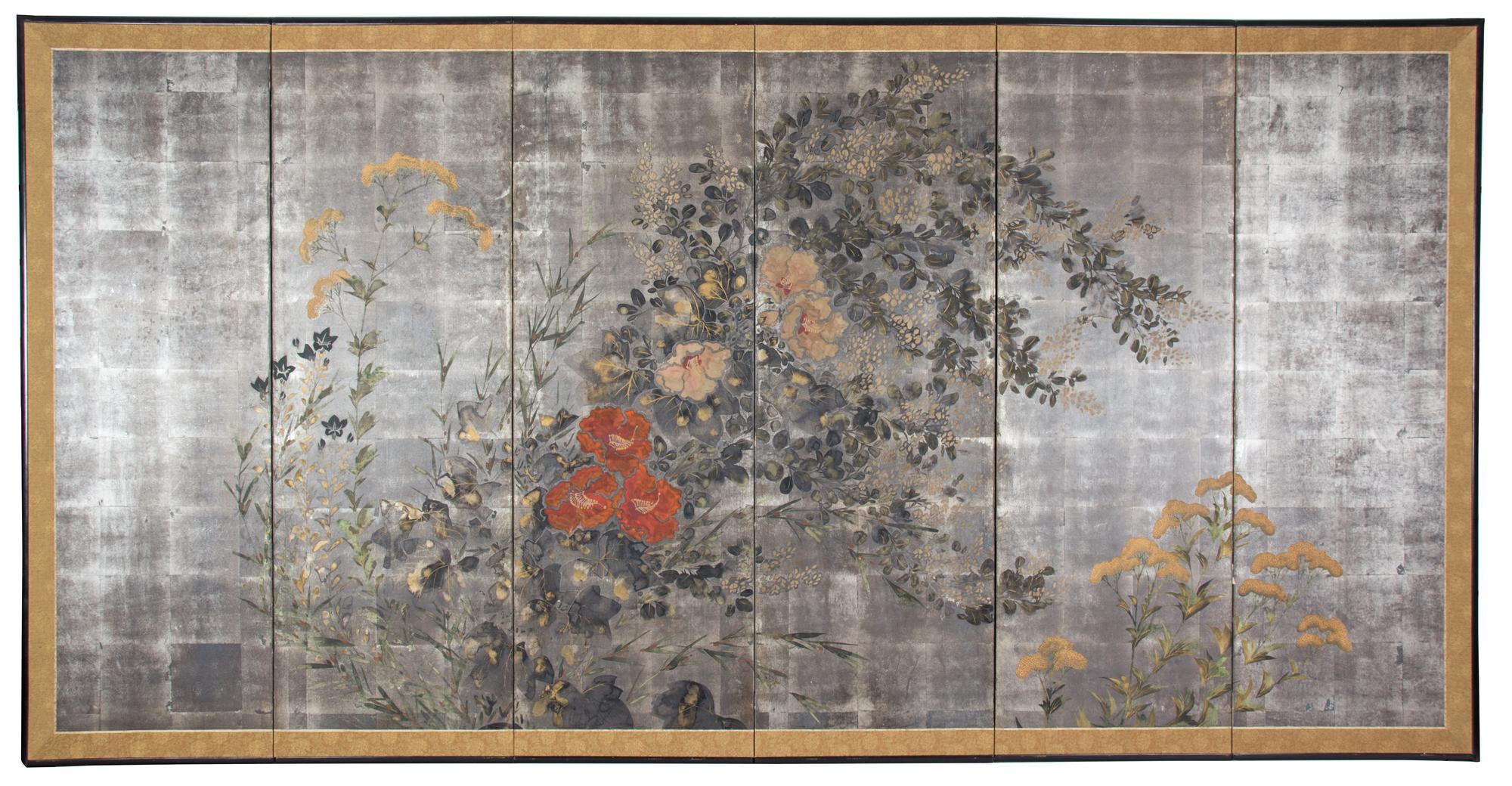 A Pair of Japanese Hand Painted Six-Panel Screens Height of each panel 53 1/2 x width 17 3/4 inches. — MEIJI PERIOD