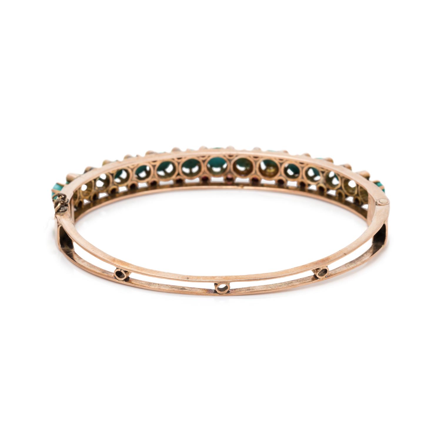 TURQUOISE, SYNTHETIC TURQUOISE AND RUBY BANGLE BRACELET