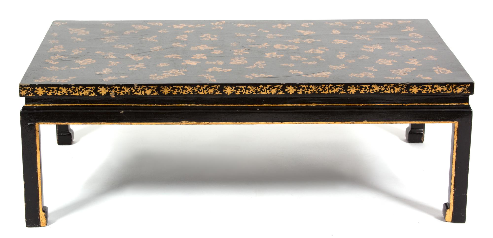 A Chinese Black and Gilt Lacquer Low Table Height 16 x width 47 1/4 x depth 29 1/2 inches. — 20TH CENTURY