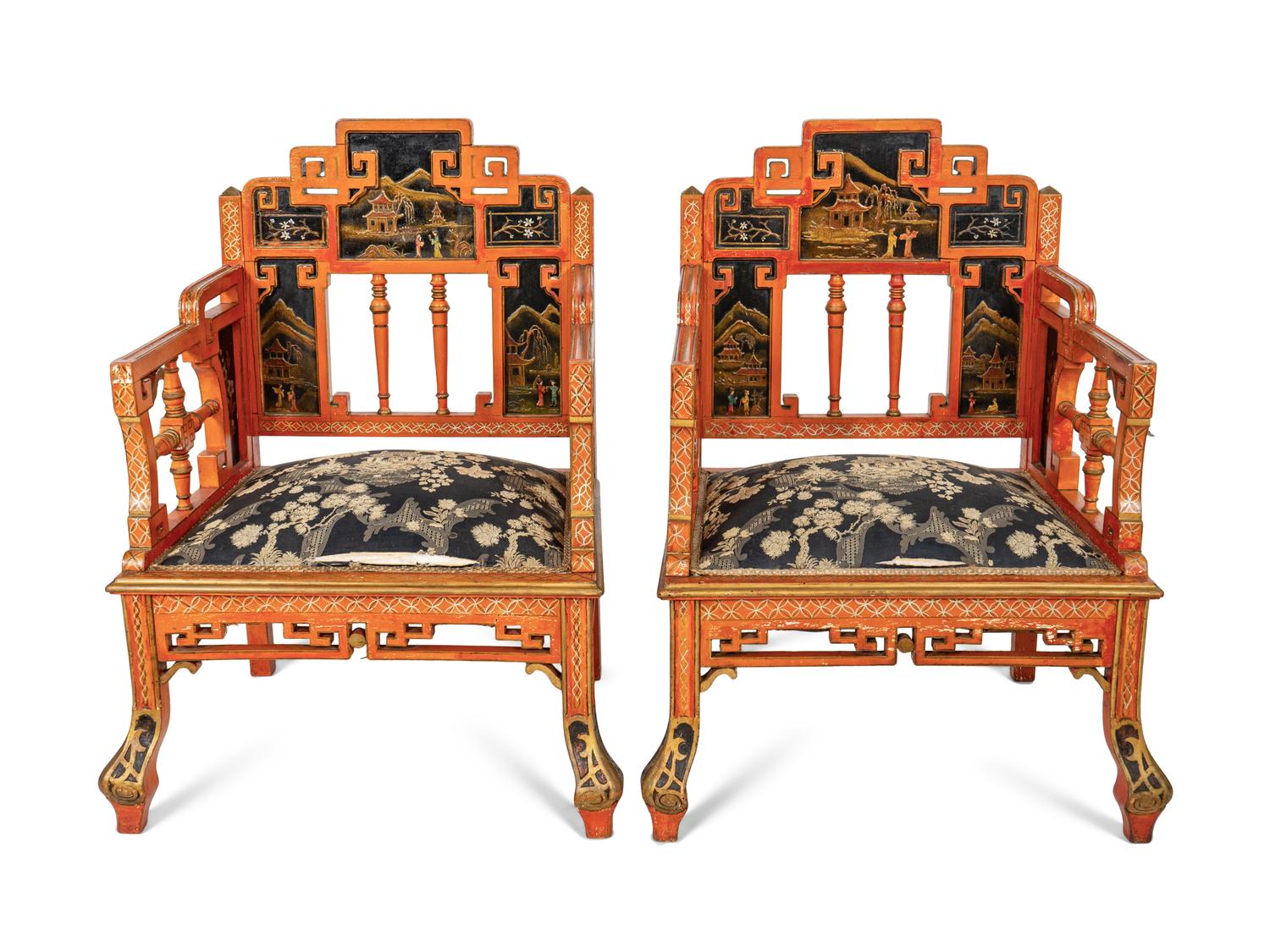 A Seven-Piece Red Painted Chinoiserie Decorated Salon Suite
