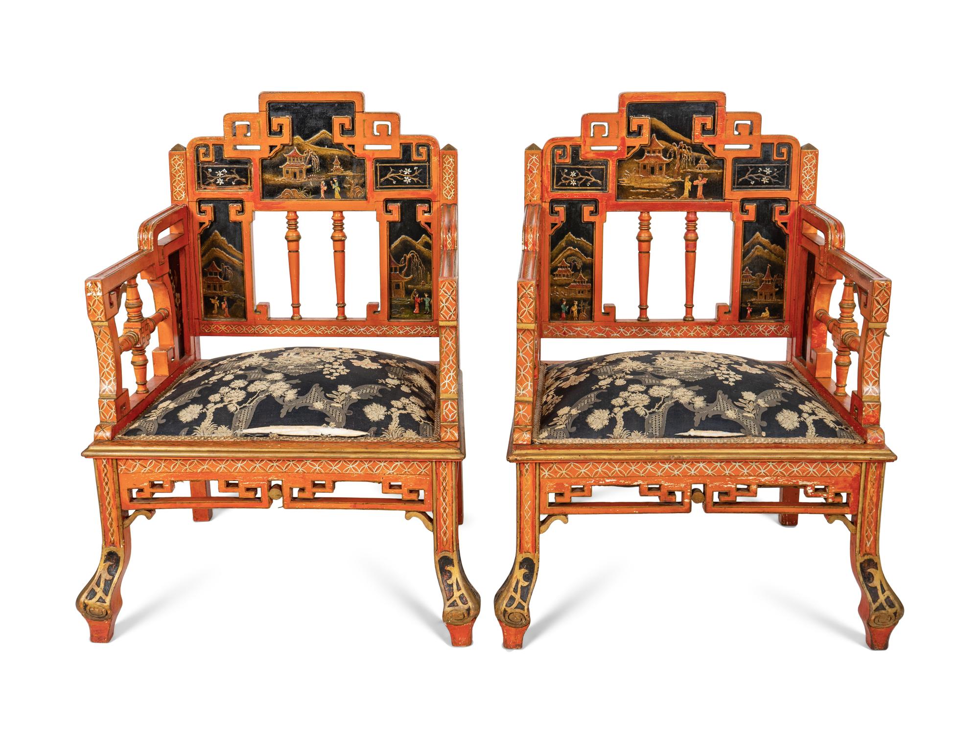A Seven-Piece Red Painted Chinoiserie Decorated Salon Suite