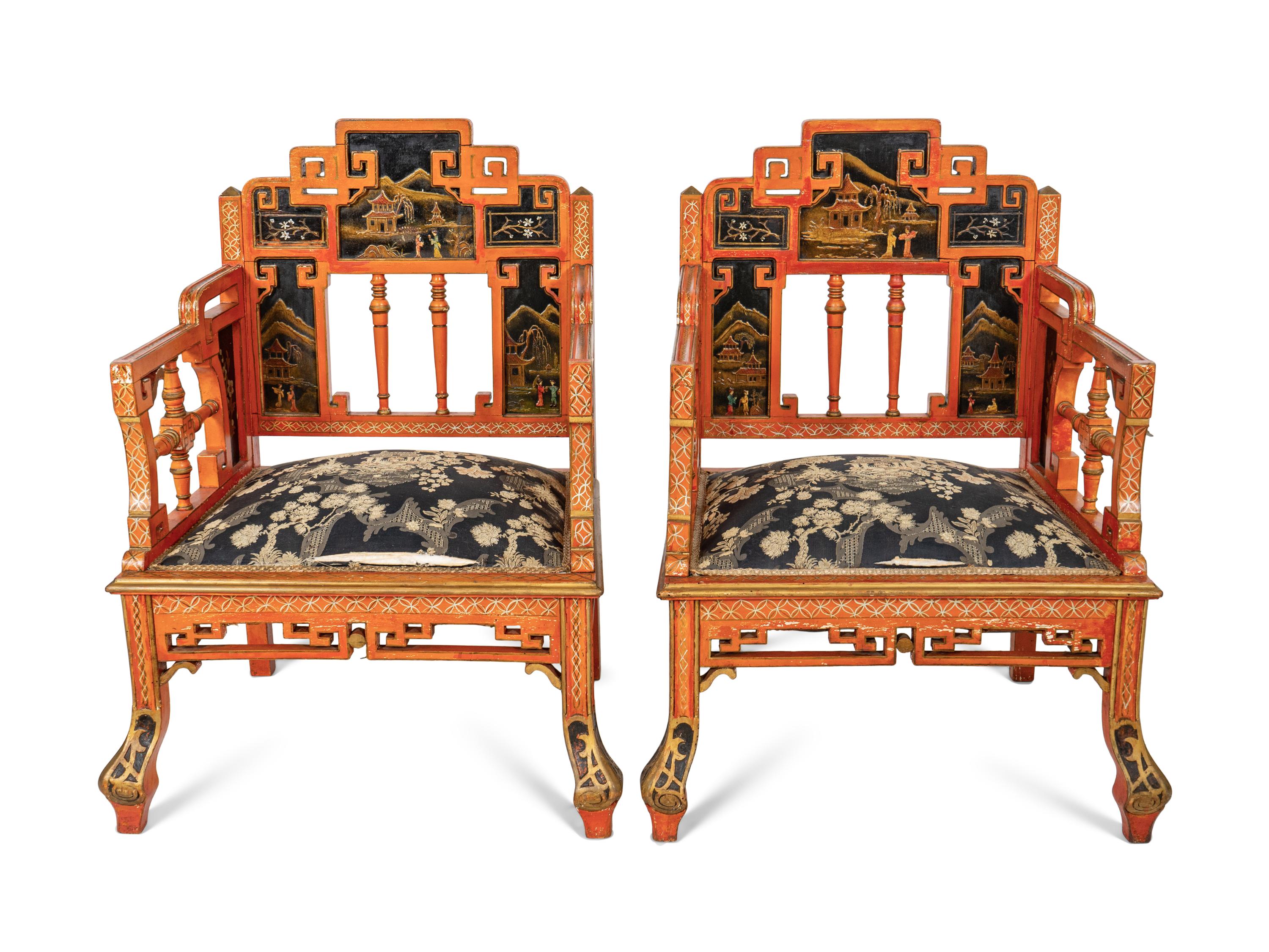 A Seven-Piece Red Painted Chinoiserie Decorated Salon Suite