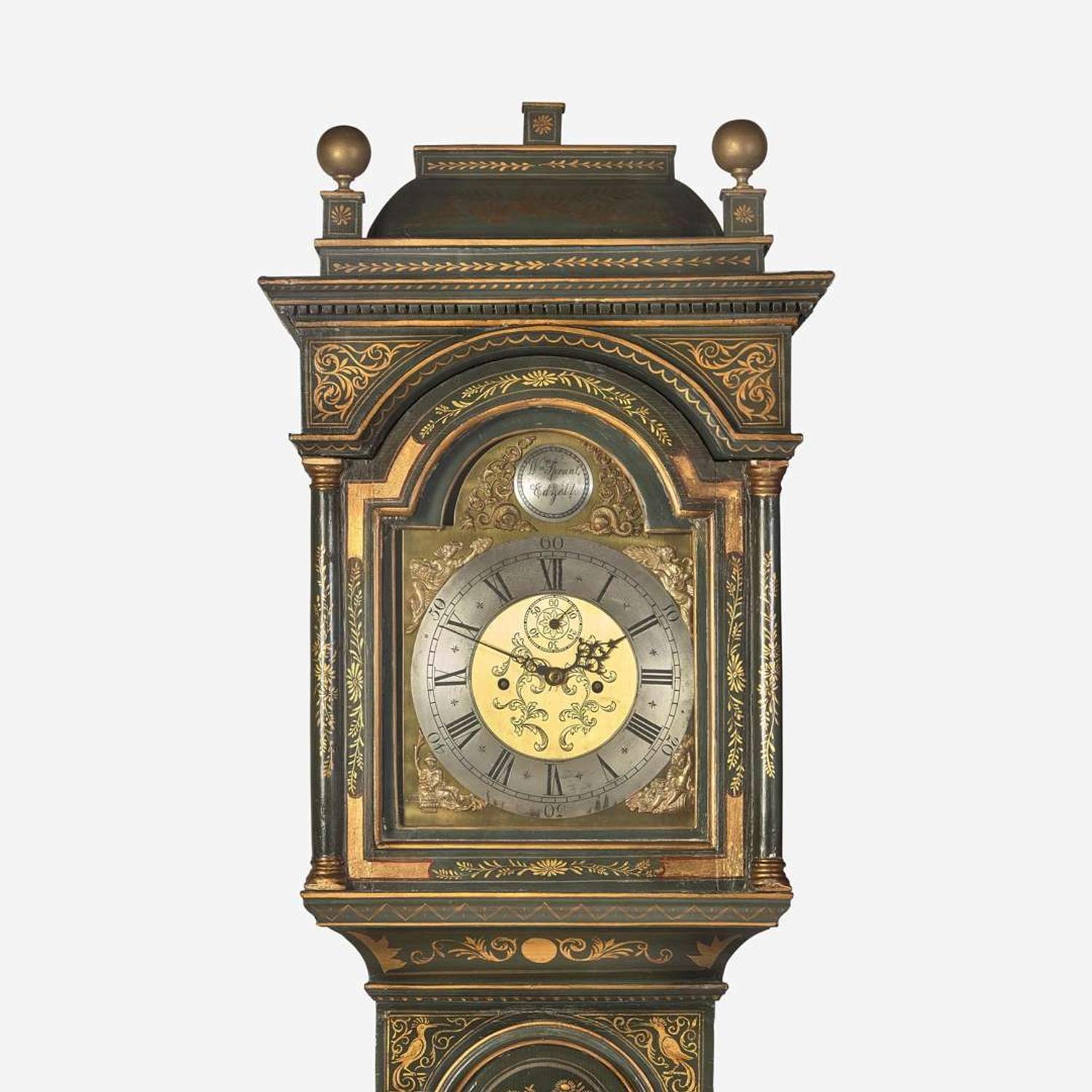 A George I style green japanned tall case clock The case 20th century, the works signed William Sprunt Edzell, 18th century and later