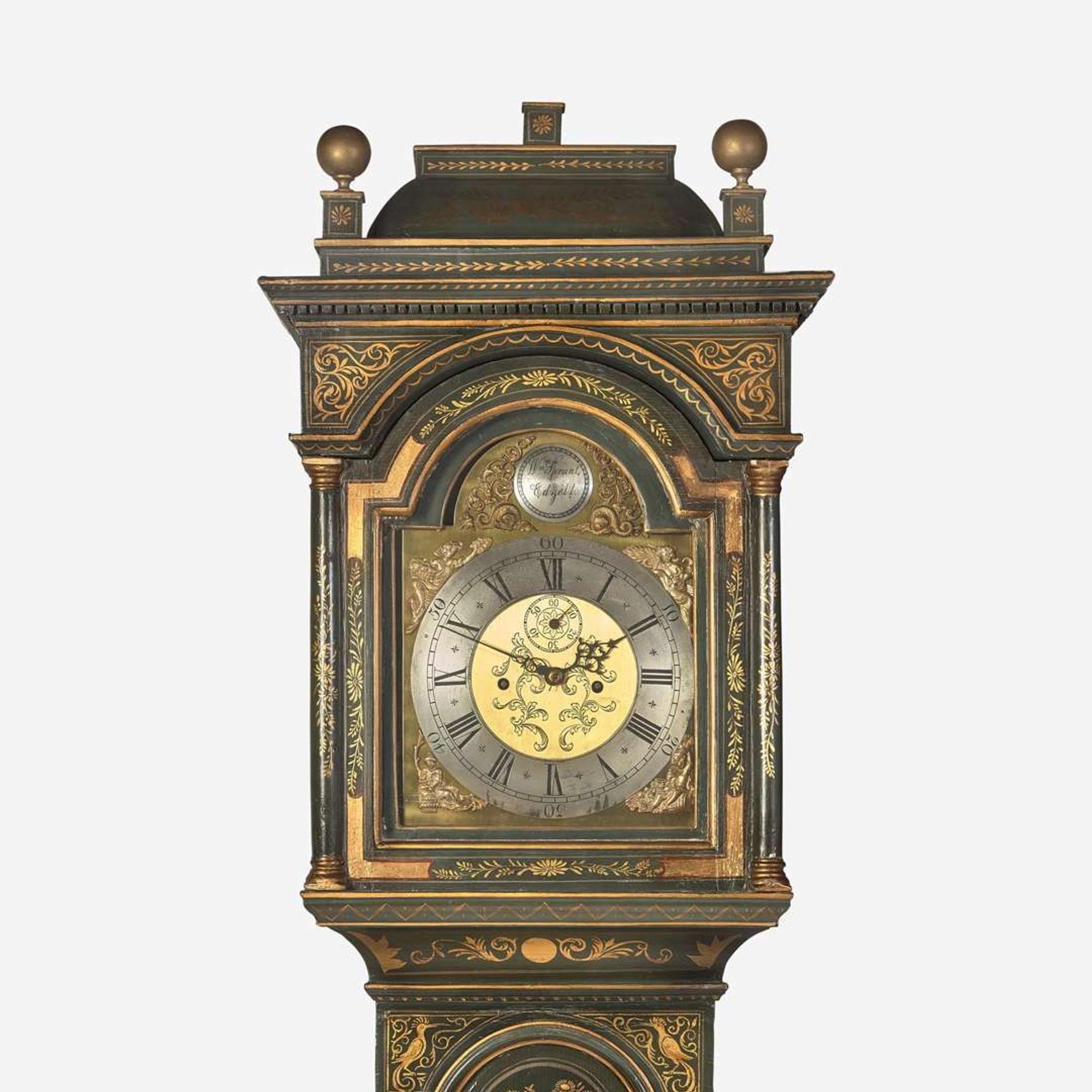 A George I style green japanned tall case clock The case 20th century, the works signed William Sprunt Edzell, 18th century and later