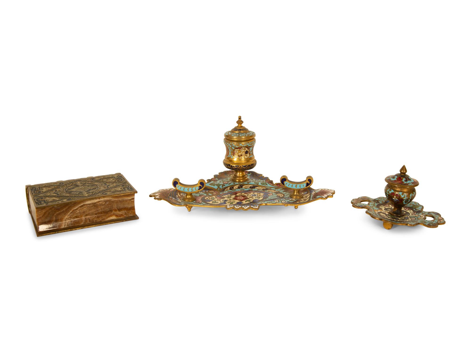 Three French Enameled Brass Desk Articles