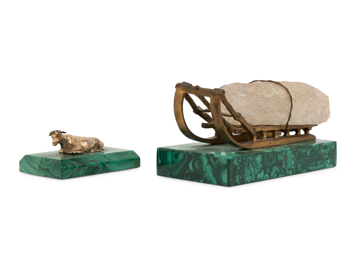 Two Russian Gilt Metal Mounted Malachite Paperweights