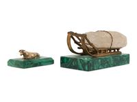 Two Russian Gilt Metal Mounted Malachite Paperweights