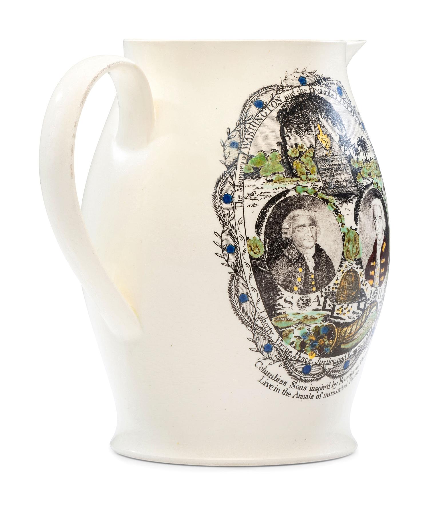 A Liverpool Transfer-Printed Creamware 'Proscribed Patriots / Success to America' Pitcher with Polychrome Embellishment