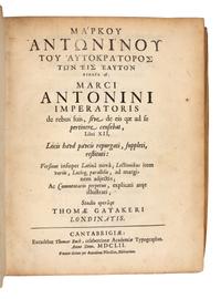 MARCUS AURELIUS ANTONINUS (121-180). Markou Antoninou tou autokratoros ton eis heauton biblia 12. = Marci Antonini imperatoris de rebus suis, sive de eis qæ ad se pertinere censebat, libri XII... Cambridge: Thomas Buck for Anthony Nicolson, 1652.