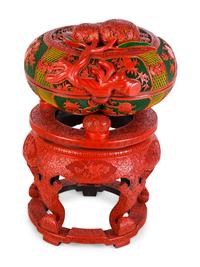 A Set of Chinese Export Carved Red Lacquer "Peach" Nesting Boxes and a Stand