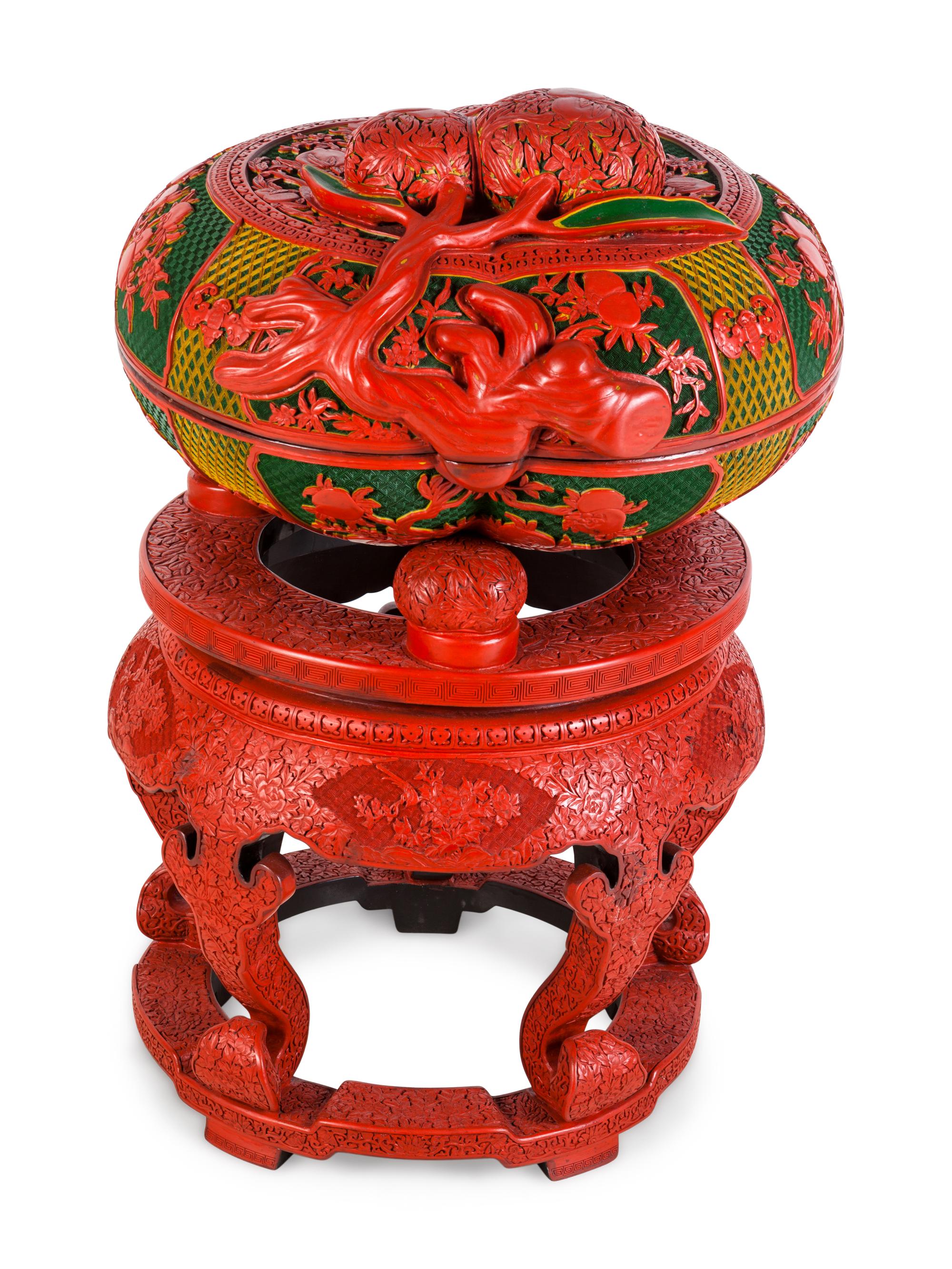 A Set of Chinese Export Carved Red Lacquer "Peach" Nesting Boxes and a Stand