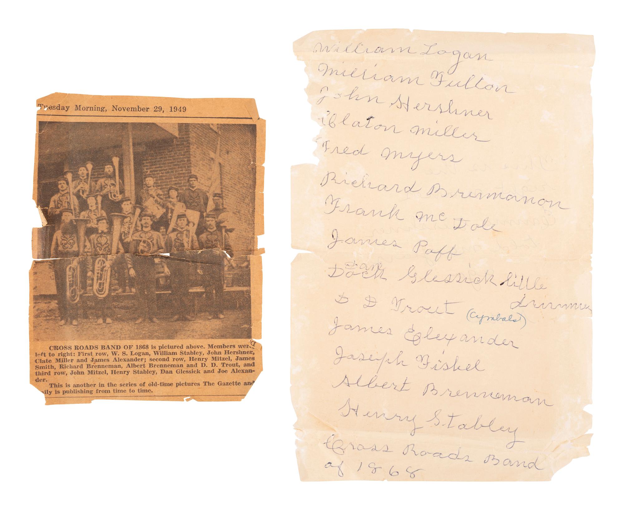 [EARLY PHOTOGRAPHY]. Albumen photograph of the Cross Roads Band. J. Davidson, photographer, ca 1868.