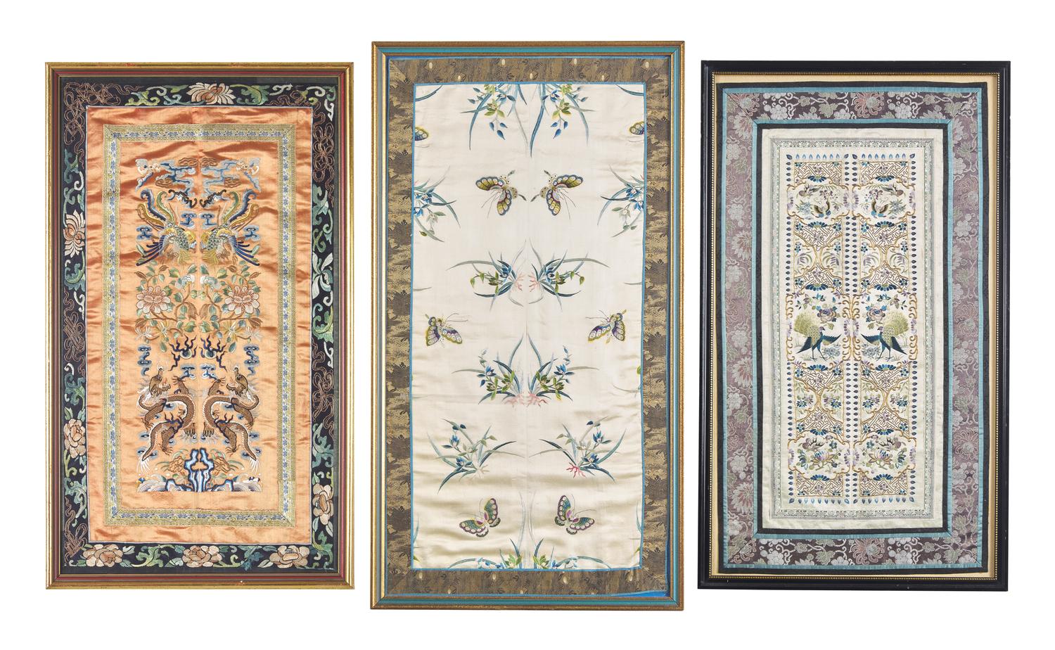 Three Chinese Embroidered Silk Panels, Late Qing/Republic Period 晚清/民國 挽袖鏡框三種