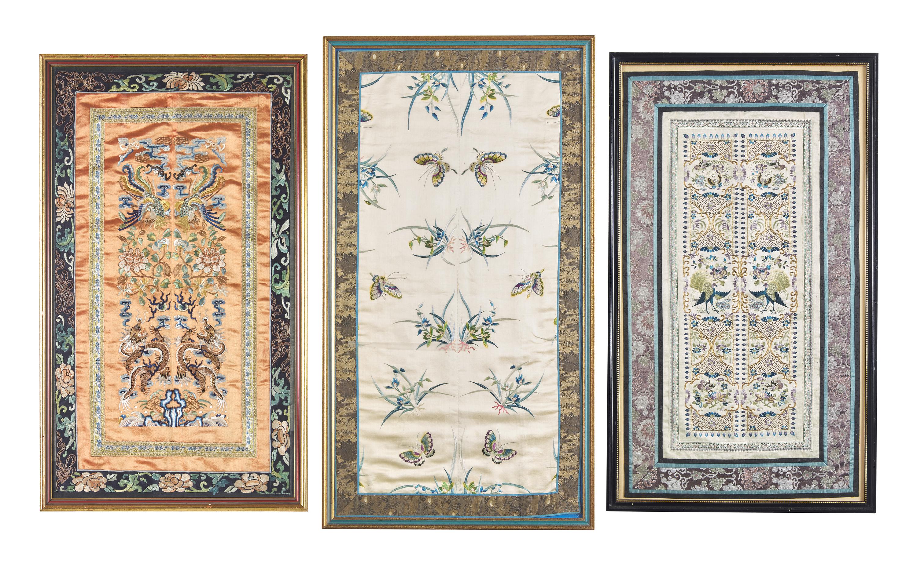 Three Chinese Embroidered Silk Panels, Late Qing/Republic Period 晚清/民國 挽袖鏡框三種