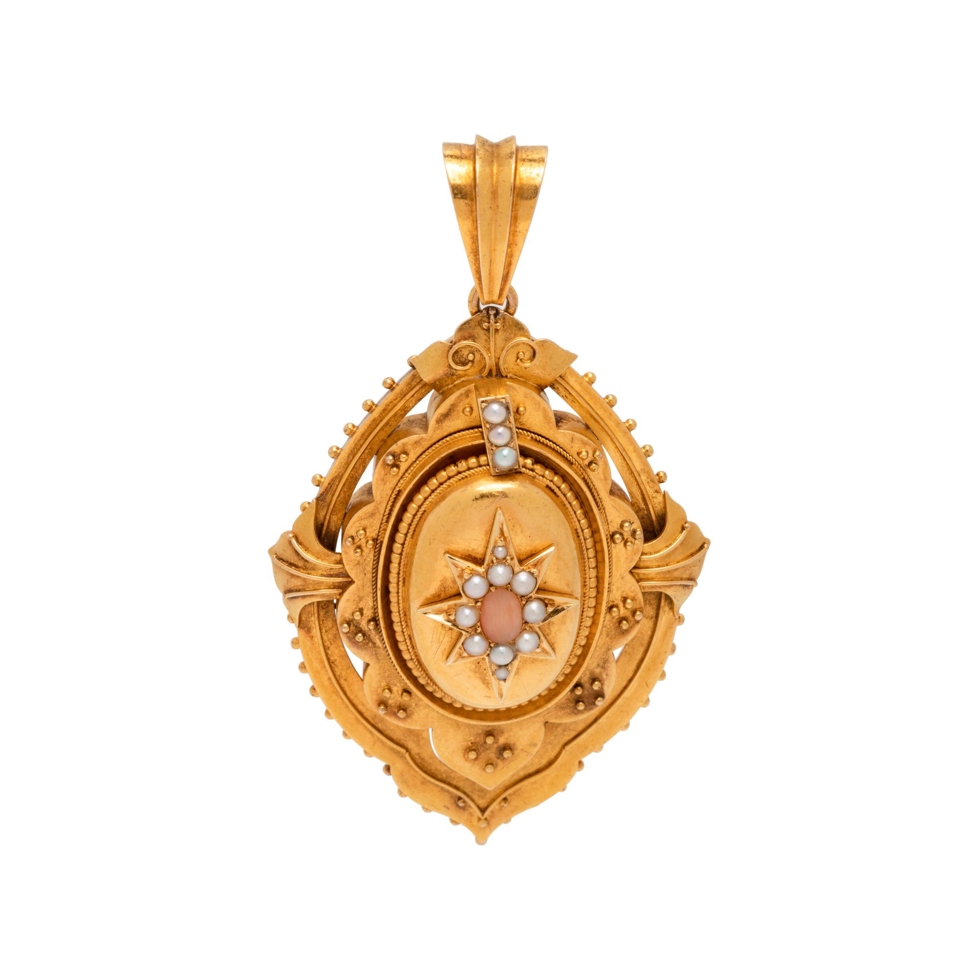 VICTORIAN, YELLOW GOLD, CORAL AND SEED PEARL PENDANT