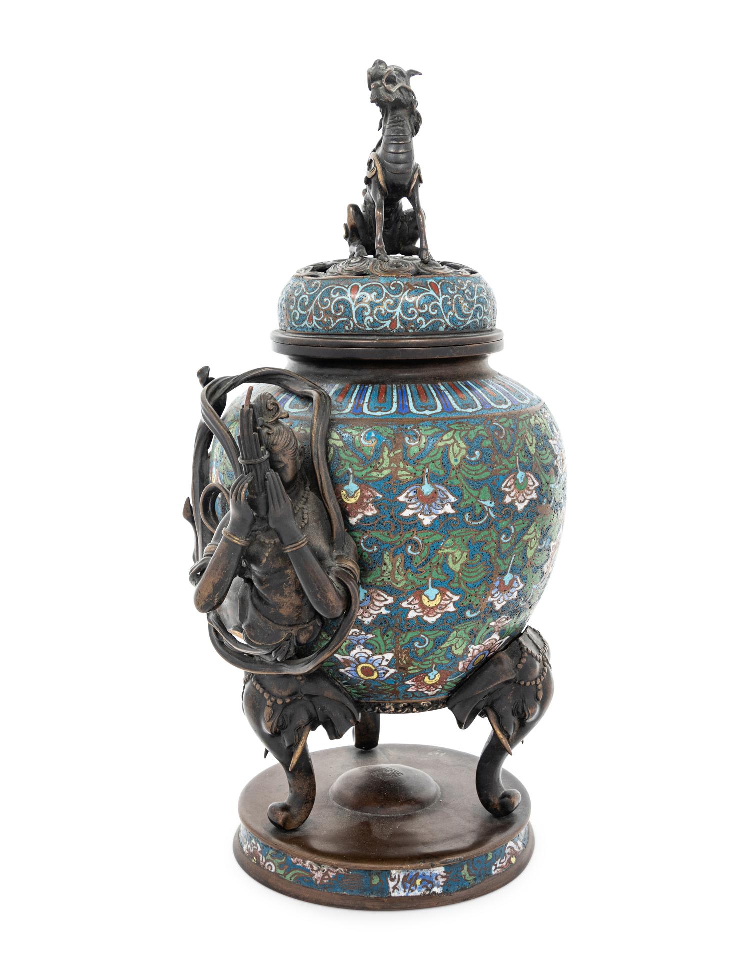 A Japanese Champlevé Enamel Tripod Incense Burner and Cover