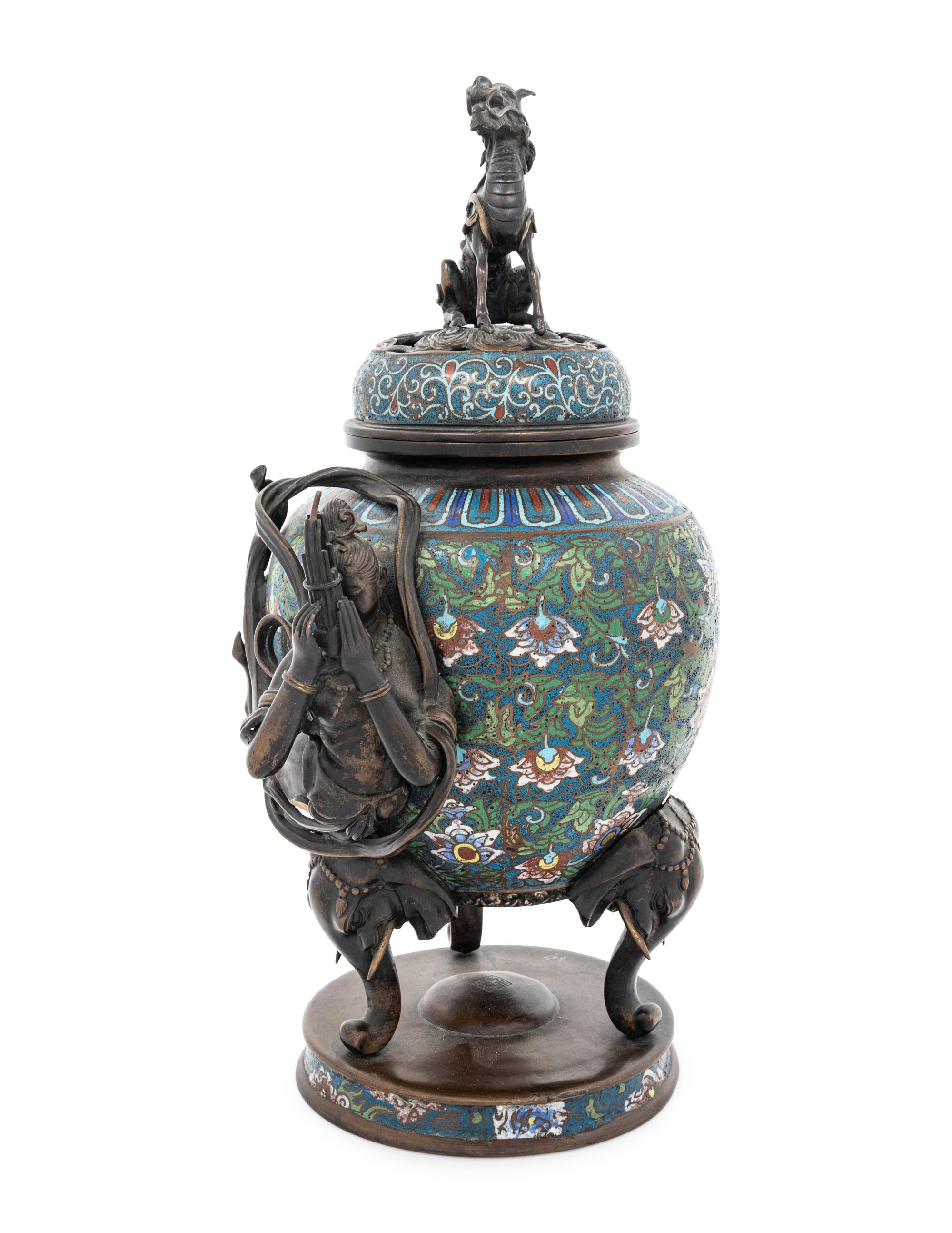A Japanese Champlevé Enamel Tripod Incense Burner and Cover