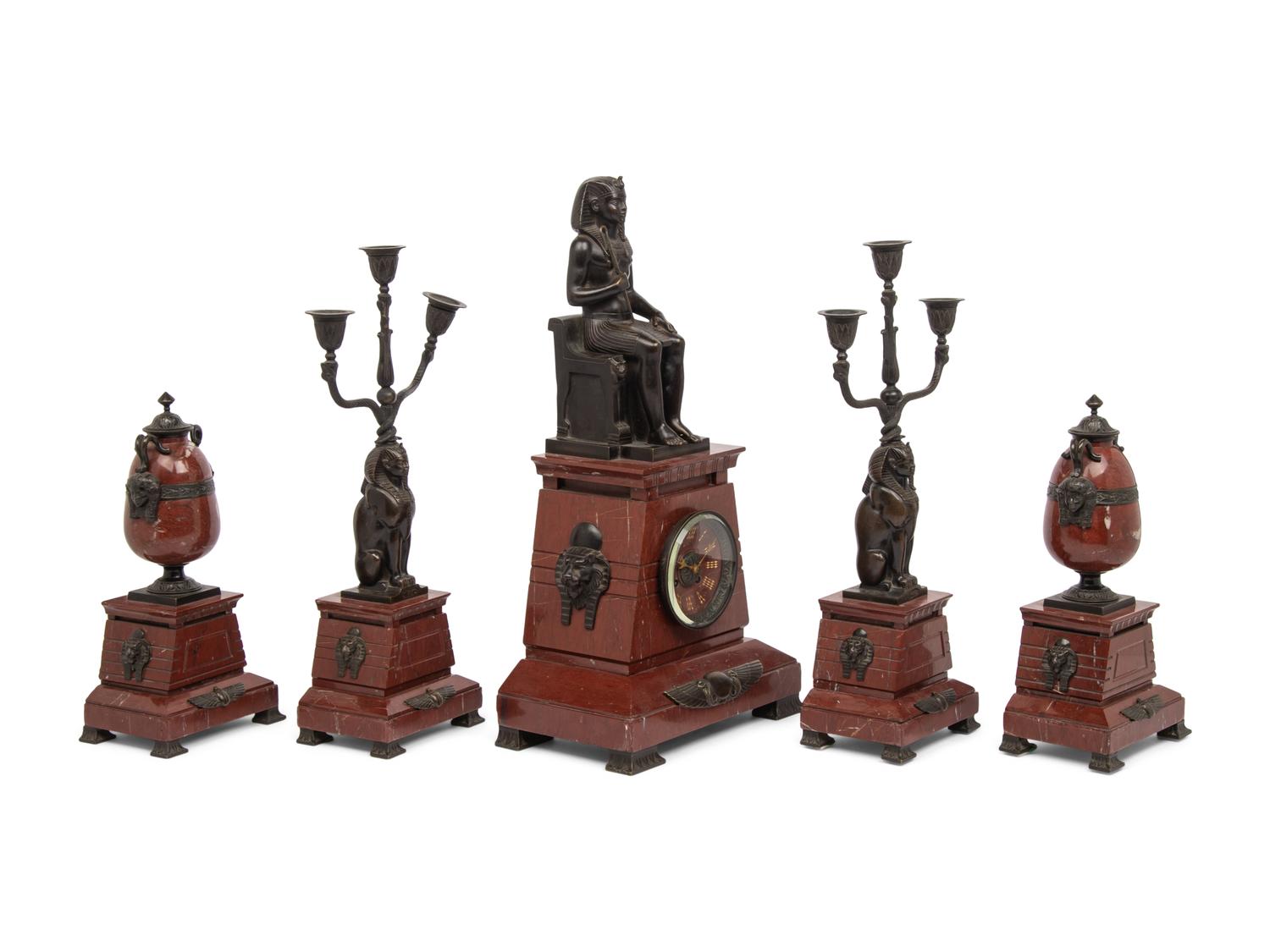 A French Egyptian Revival Bronze and Marble Five-Piece Clock Garniture