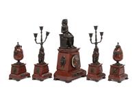 A French Egyptian Revival Bronze and Marble Five-Piece Clock Garniture