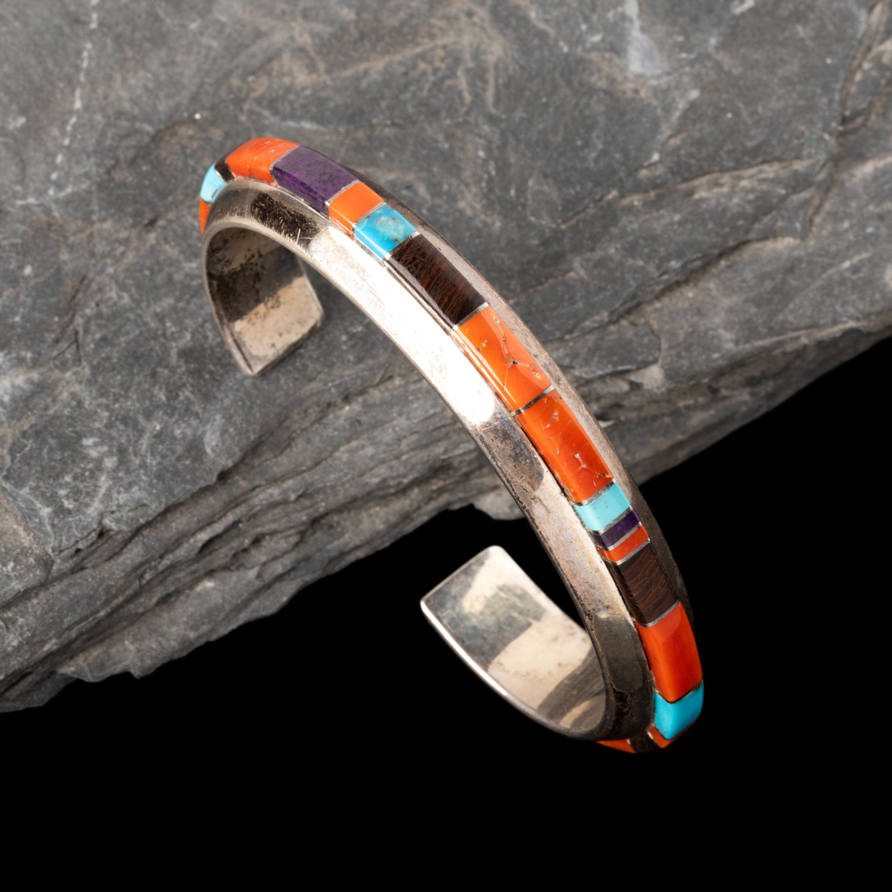 Wes Willie (Diné, b. 1957) — Sterling Silver and Cobblestone Inlay Cuff Bracelet