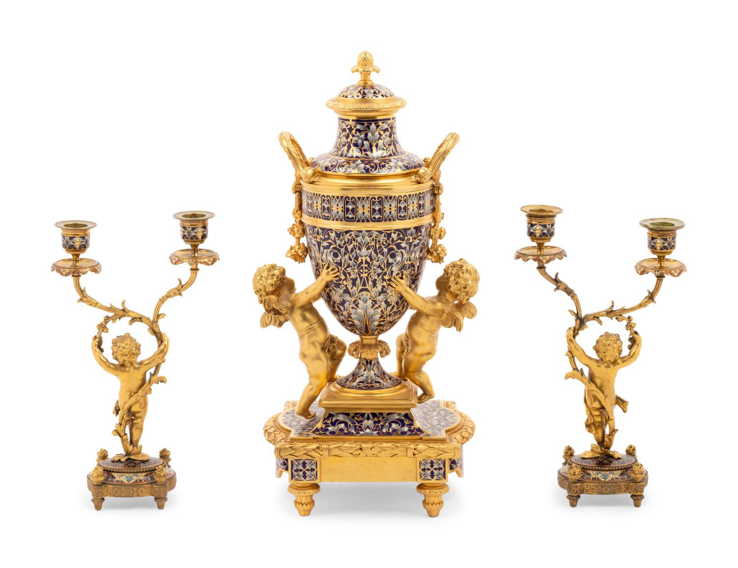 A French Gilt Bronze and Champlevé Clock Garniture Retailed by Tiffany & Co.