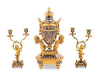 A French Gilt Bronze and Champlevé Clock Garniture Retailed by Tiffany & Co.