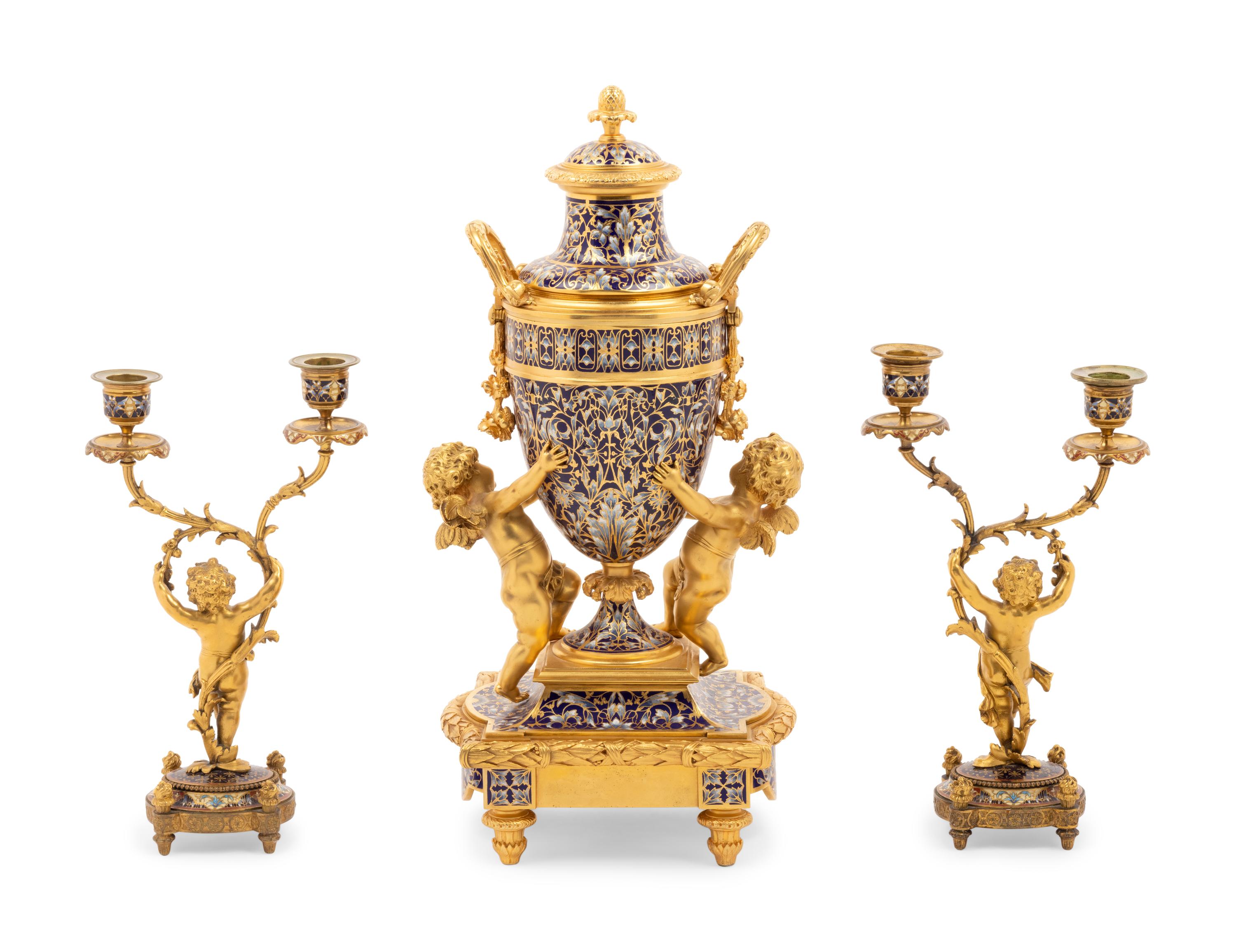 A French Gilt Bronze and Champlevé Clock Garniture Retailed by Tiffany & Co.